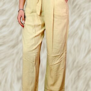 Pantaloni bej eleganți cu talie înaltă și cordon