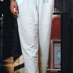 Pantaloni albi eleganți cu talie înaltă și cordon