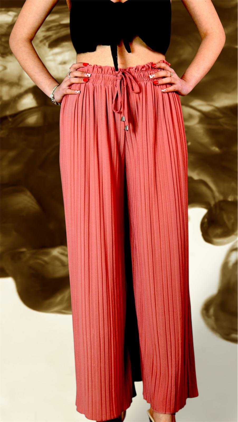 Pantaloni Largi Plisați Coral Sunset