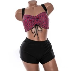 Costum de Baie de Damă din Două Piese, Top Tip Bustieră cu Imprimeu Coral și Pantaloni Scurți Negri