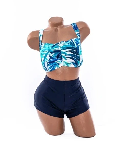 Costum de Baie Două Piese Tankini cu Bustieră Tropicală și Pantaloni Scurți Talie Înaltă