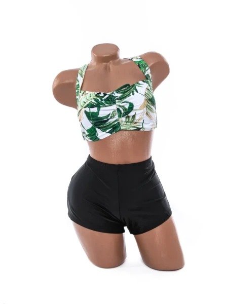 Costum de Baie Două Piese Tankini cu Bustieră Tropicală și Pantaloni Scurți Talie Înaltă - Image 4